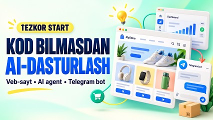 Original Uzbek course cover: AI development without coding — websites, agents, and Telegram bots