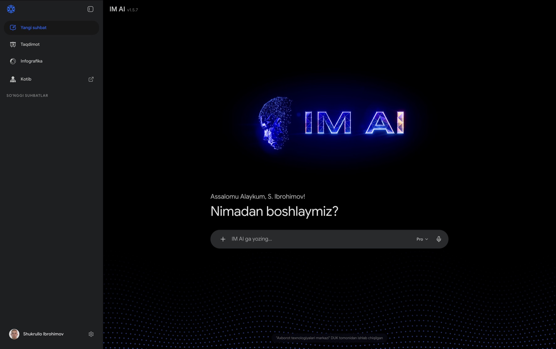 IM AI assistant interface in Uzbek