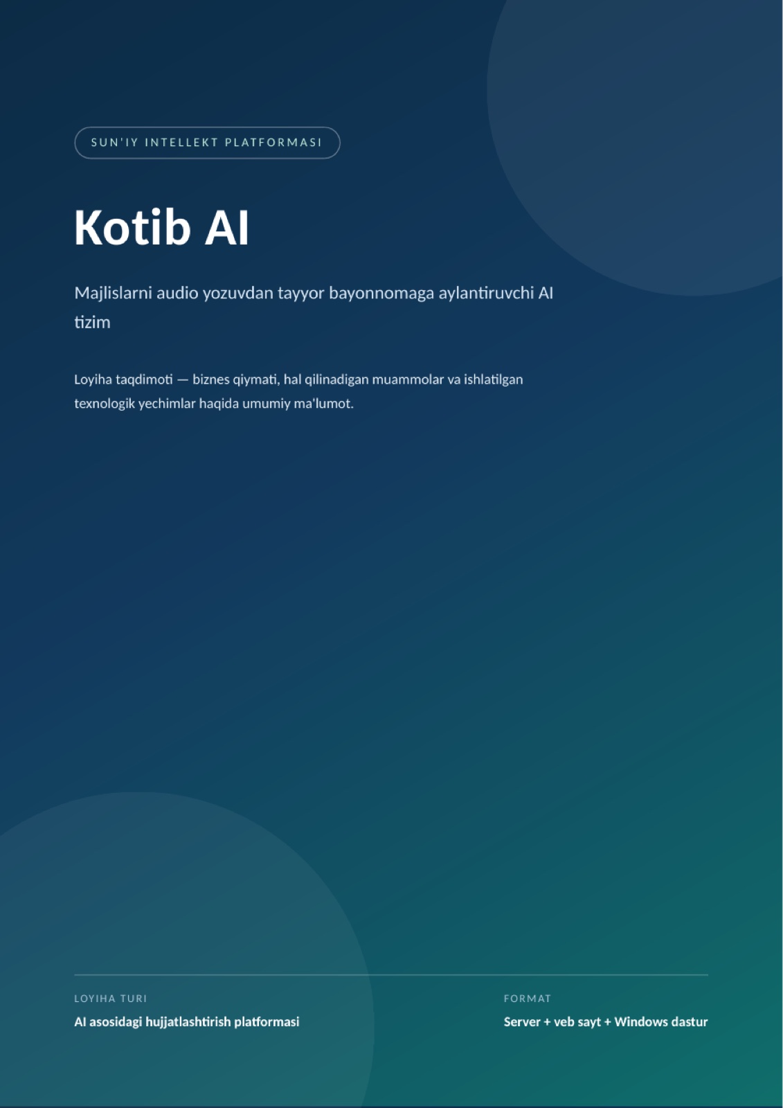 Kotib AI project presentation cover in Uzbek